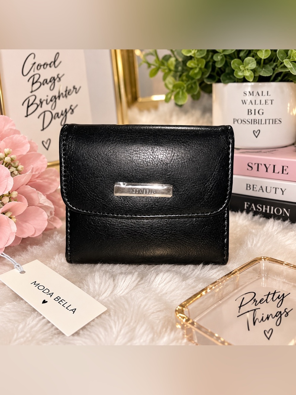 NWT Moda Bella Black Faux Leather Compact Trifold Wallet